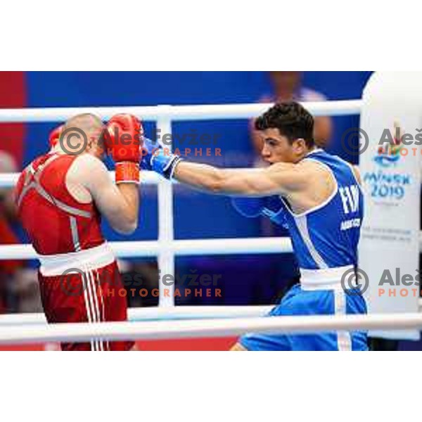 Aljaz Venko (SLO, red) fights Abdilrasoon (FIN, blue) in first round of boxing tournament at 2. European Games in Minsk, Belarus on June 21, 2019