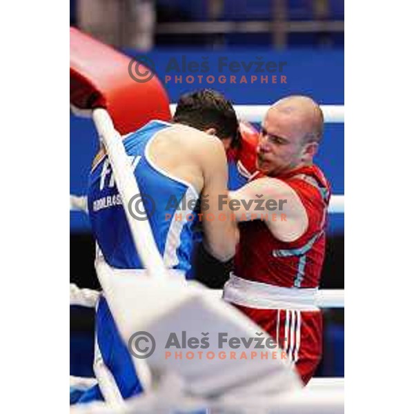 Aljaz Venko (SLO, red) fights Abdilrasoon (FIN, blue) in first round of boxing tournament at 2. European Games in Minsk, Belarus on June 21, 2019