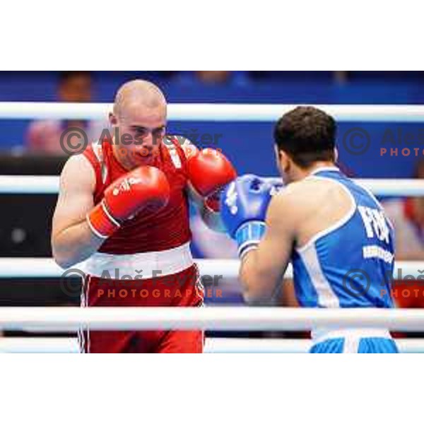 Aljaz Venko (SLO, red) fights Abdilrasoon (FIN, blue) in first round of boxing tournament at 2. European Games in Minsk, Belarus on June 21, 2019