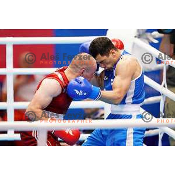 Aljaz Venko (SLO, red) fights Abdilrasoon (FIN, blue) in first round of boxing tournament at 2. European Games in Minsk, Belarus on June 21, 2019