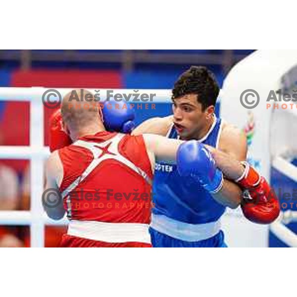 Aljaz Venko (SLO, red) fights Abdilrasoon (FIN, blue) in first round of boxing tournament at 2. European Games in Minsk, Belarus on June 21, 2019