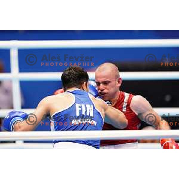 Aljaz Venko (SLO, red) fights Abdilrasoon (FIN, blue) in first round of boxing tournament at 2. European Games in Minsk, Belarus on June 21, 2019