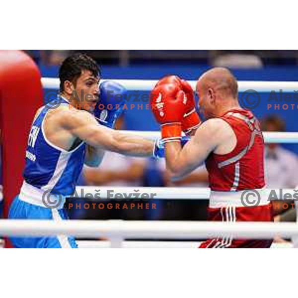 Aljaz Venko (SLO, red) fights Abdilrasoon (FIN, blue) in first round of boxing tournament at 2. European Games in Minsk, Belarus on June 21, 2019