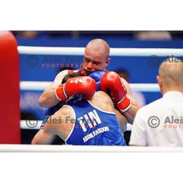 Aljaz Venko (SLO, red) fights Abdilrasoon (FIN, blue) in first round of boxing tournament at 2. European Games in Minsk, Belarus on June 21, 2019