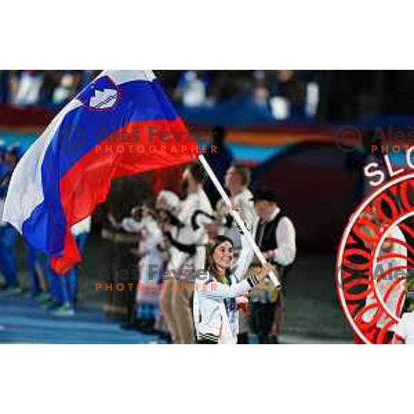 Toja Ellison, flag bearer of Slovenia team at Opening Ceremony of 2nd European Games, Minsk, Belarus