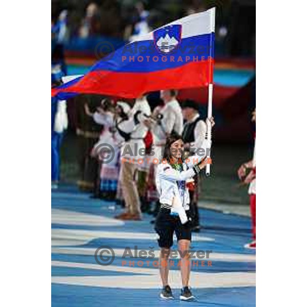 Toja Ellison, flag bearer of Slovenia team at Opening Ceremony of 2nd European Games, Minsk, Belarus