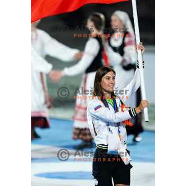 Toja Ellison, flag bearer of Slovenia team at Opening Ceremony of 2nd European Games, Minsk, Belarus