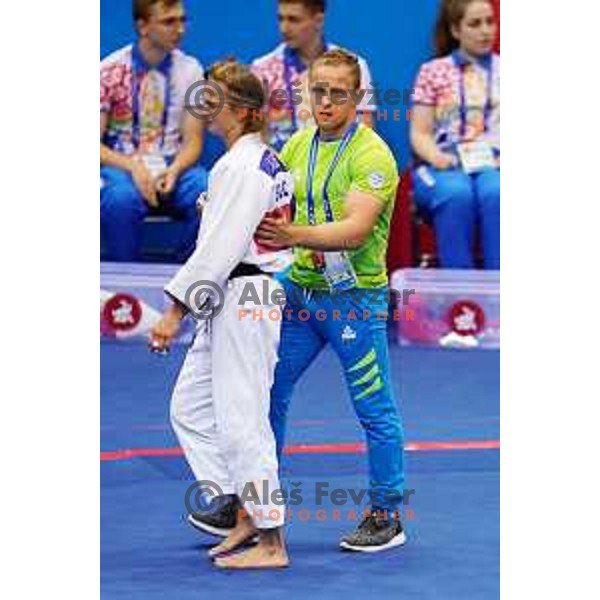 Kaja Kajzer of Slovenia and coach Rok Draksic during Judo Tournament of 2nd European Games, Minsk, Belarus on June 22, 2019