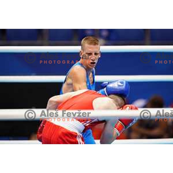 Tadej Carnoga of Slovenia fights in Men\'s Light (60 kg) category during Box Tournament at 2nd European Games, Minsk, Belarus on June 22, 2019