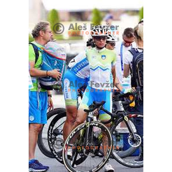 Urska Pintar of Slovenia Cycling team in the finish of Women\'s Road race at 2nd European Games, Minsk, Belarus on June 22, 2019