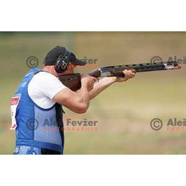 Denis Vatovec of Slovenia shots in Shotgun Trap qualifications at 2nd European Games, Minsk, Belarus on June 22, 201