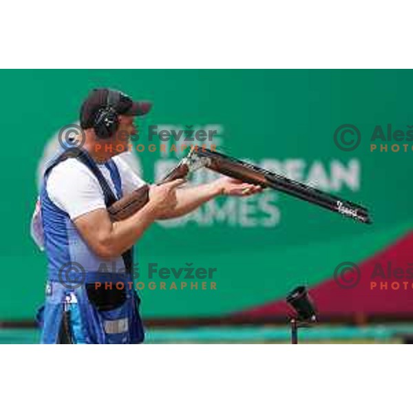 Denis Vatovec of Slovenia shots in Shotgun Trap qualifications at 2nd European Games, Minsk, Belarus on June 22, 201