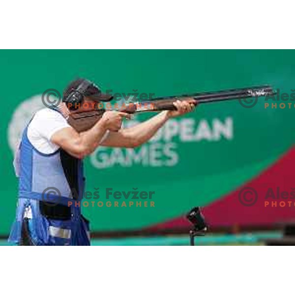 Denis Vatovec of Slovenia shots in Shotgun Trap qualifications at 2nd European Games, Minsk, Belarus on June 22, 201