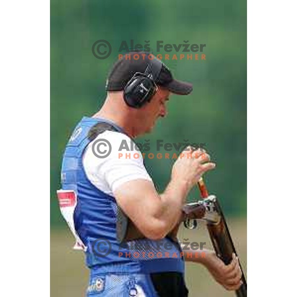 Denis Vatovec of Slovenia shots in Shotgun Trap qualifications at 2nd European Games, Minsk, Belarus on June 22, 201