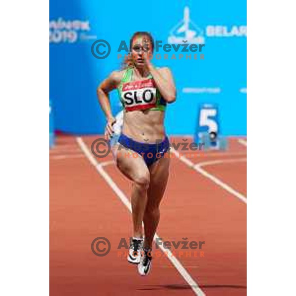 Maja Mihalinec, winner of Women\'s 100 meters in Athletics at 2nd European Games at Dinamo Stadium, Minsk, Belarus on June 23, 2019