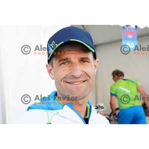 Andrej Hauptman, coach of Slovenia cycling team at Men\'s road race (180 km) at 2nd European Games, Minsk, Belarus on June 23, 2019