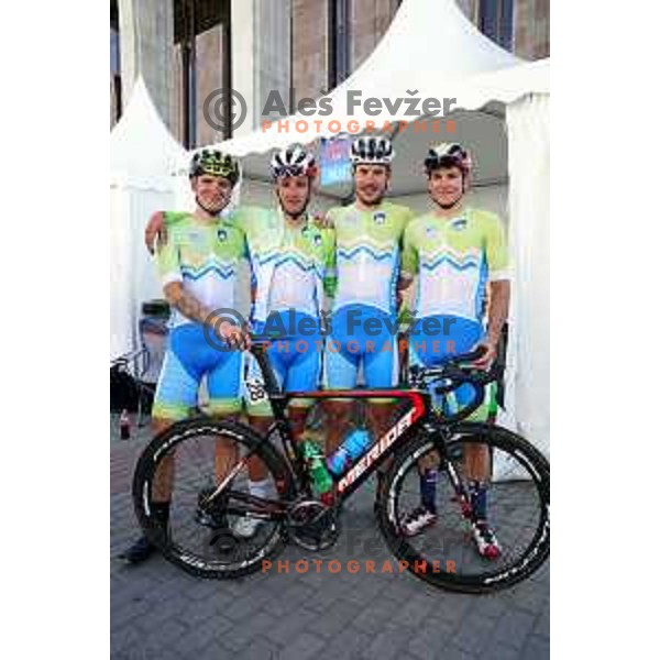 Jaka Primozic, Ziga Jerman, Nik Cemazar and Luka Pibernik of Slovenia cycling team at Men\'s road race (180 km) at 2nd European Games, Minsk, Belarus on June 23, 201