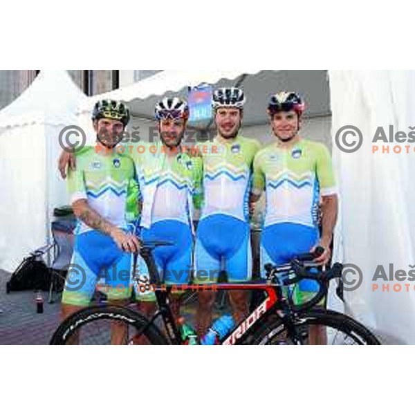 Jaka Primozic, Ziga Jerman, Nik Cemazar and Luka Pibernik of Slovenia cycling team at Men\'s road race (180 km) at 2nd European Games, Minsk, Belarus on June 23, 201