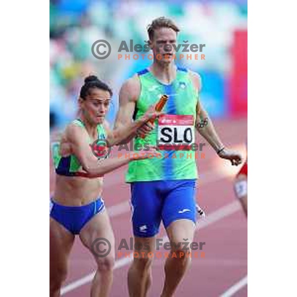 Jerneja Smonkar and Luka Janezic compete in 4x400 meters mix relay at 2nd European Games at Dinamo Stadium, Minsk, Belarus on June 23, 2019