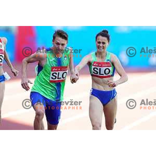 Lovro Mesec Kosir and Jerneja Smonkar compete in 4x400 meters mix relay at 2nd European Games at Dinamo Stadium, Minsk, Belarus on June 23, 2019