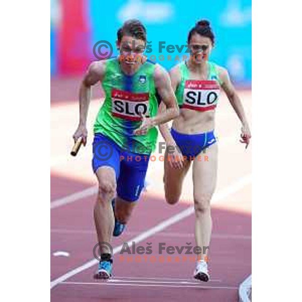 Lovro Mesec Kosir and Jerneja Smonkar compete in 4x400 meters mix relay at 2nd European Games at Dinamo Stadium, Minsk, Belarus on June 23, 2019