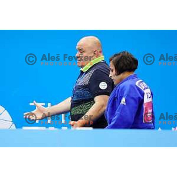 Coach Marjan Fabjan and Lia Ludvik of Slovenia in action during Judo Tournament in Women\'s 63 kg class at 2nd European Games, Minsk, Belarus on June 23, 2019