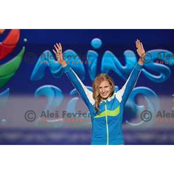 Maja Mihalinec, winner of Women\'s 100 meters in Athletics at 2nd European Games, Minsk, Belarus with gold medal at prize giving ceremony on June 24, 2019