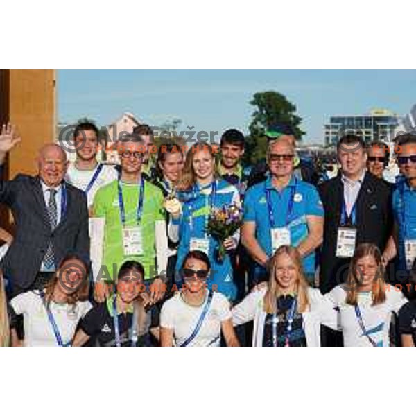 Maja Mihalinec, winner of Women\'s 100 meters in Athletics at 2nd European Games, Minsk, Belarus with gold medal at prize giving ceremony on June 24, 2019