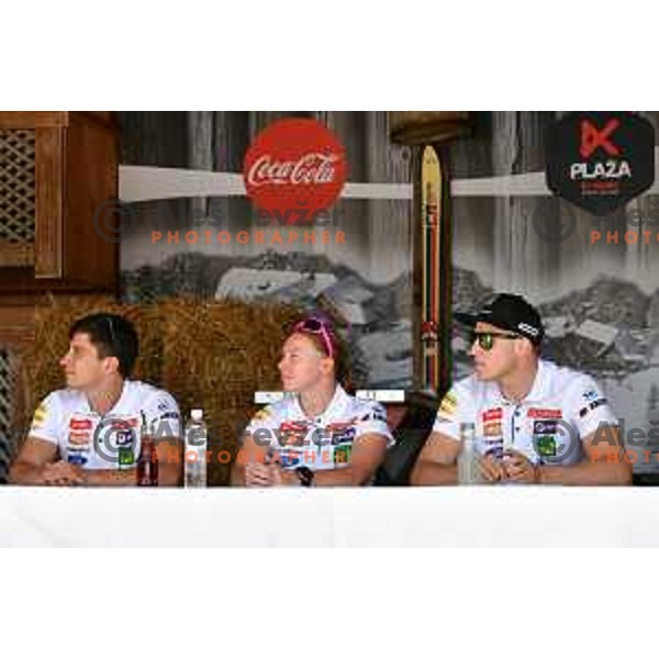 Zan Kranjec, Marusa Ferk, Stefan Hadalin of Slovenia Ski team during press conference at Krvavec Ski resort on June 26, 2019