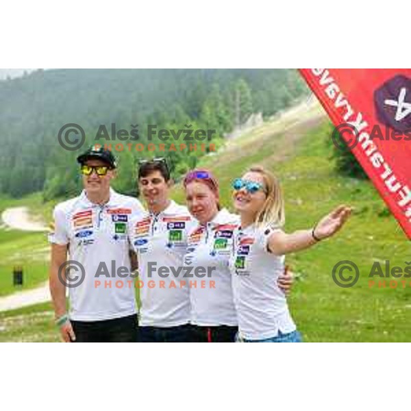 Stefan Hadalin, Zan Kranjec, Marusa Ferk and Meta Hrovat of Slovenia Ski team during press conference at Krvavec Ski resort on June 26, 2019