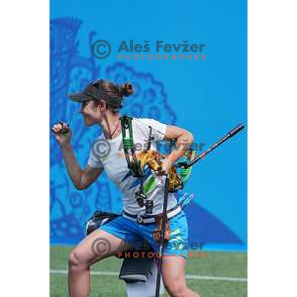 Toja Ellison of Slovenia competes in Women\'s Compound Individual semi-final at 2nd European Games, Minsk, Belarus on June 26, 2019