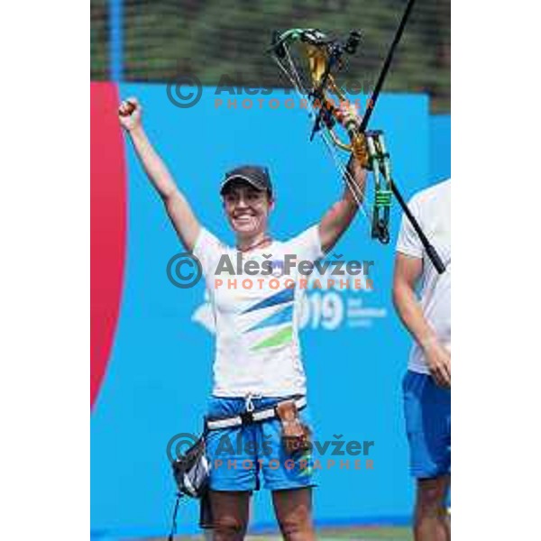 Toja Ellison of Slovenia competes in Women\'s Compound Individual semi-final at 2nd European Games, Minsk, Belarus on June 26, 2019