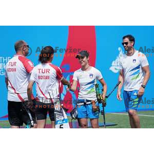 Toja Ellison of Slovenia competes in Women\'s Compound Individual semi-final at 2nd European Games, Minsk, Belarus on June 26, 2019