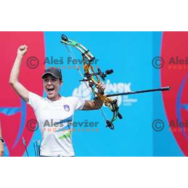 Toja Ellison of Slovenia competes in Women\'s Compound Individual semi-final at 2nd European Games, Minsk, Belarus on June 26, 2019