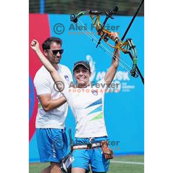 Toja Ellison of Slovenia competes in Women\'s Compound Individual semi-final at 2nd European Games, Minsk, Belarus on June 26, 2019