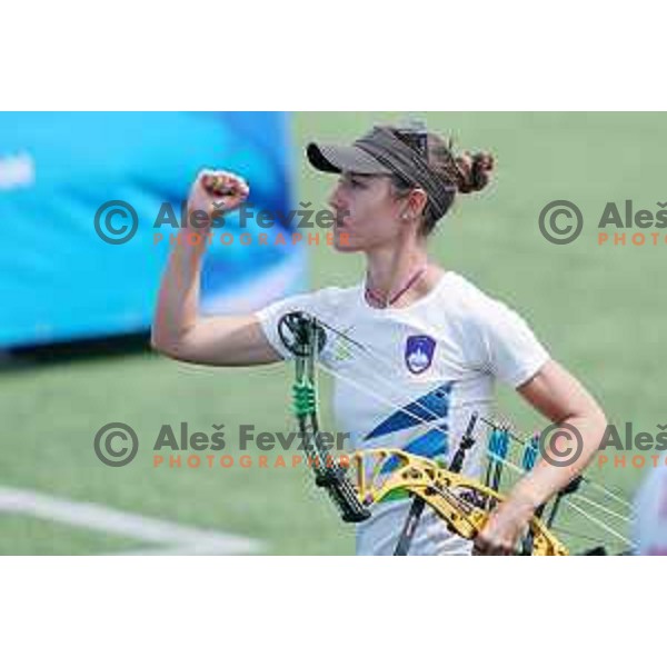 Toja Ellison of Slovenia competes in Women\'s Compound Individual semi-final at 2nd European Games, Minsk, Belarus on June 26, 2019