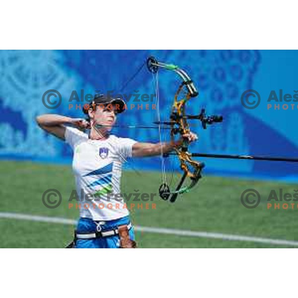 Toja Ellison of Slovenia competes in Women\'s Compound Individual semi-final at 2nd European Games, Minsk, Belarus on June 26, 2019