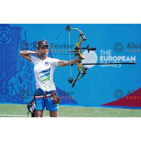 Toja Ellison of Slovenia competes in Women\'s Compound Individual Eight-Finals at 2nd European Games, Minsk, Belarus on June 26, 2019