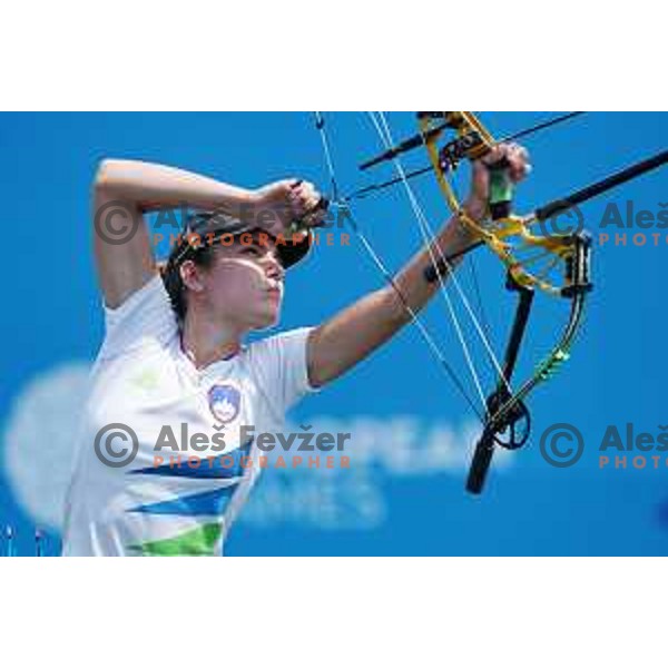 Toja Ellison of Slovenia competes in Women\'s Compound Individual Eight-Finals at 2nd European Games, Minsk, Belarus on June 26, 2019