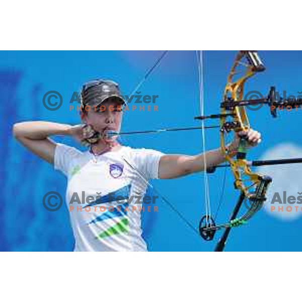 Toja Ellison of Slovenia competes in Women\'s Compound Individual Eight-Finals at 2nd European Games, Minsk, Belarus on June 26, 2019