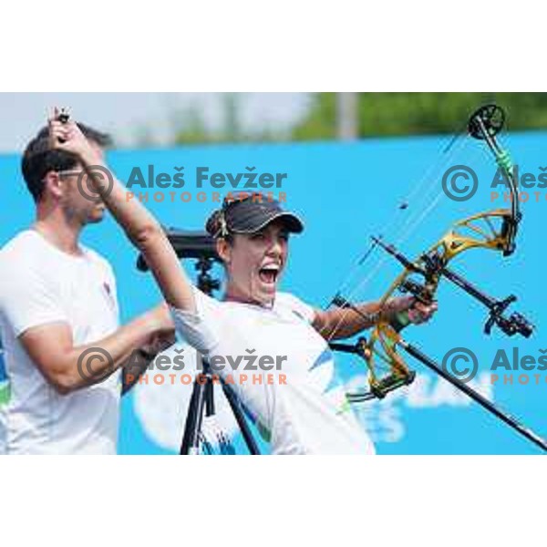 Toja Ellison of Slovenia celebrates victory and gold medal in Women\'s Compound Individual Final at 2nd European Games, Minsk, Belarus on June 26, 2019