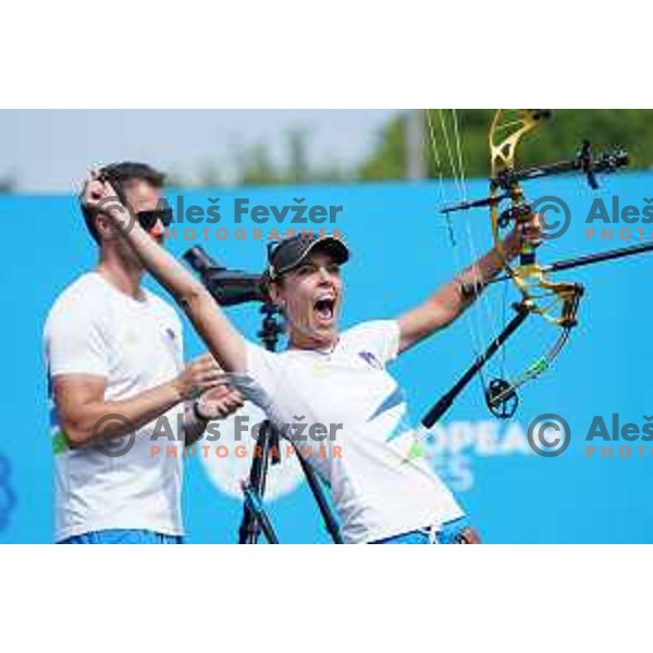 Toja Ellison of Slovenia celebrates victory and gold medal in Women\'s Compound Individual Final at 2nd European Games, Minsk, Belarus on June 26, 2019