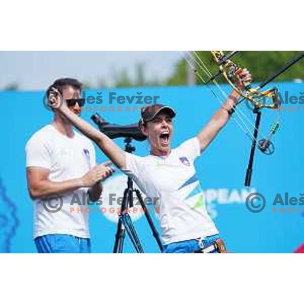 Toja Ellison of Slovenia celebrates victory and gold medal in Women\'s Compound Individual Final at 2nd European Games, Minsk, Belarus on June 26, 2019