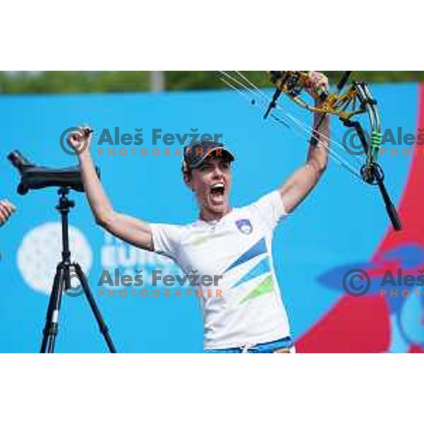 Toja Ellison of Slovenia celebrates victory and gold medal in Women\'s Compound Individual Final at 2nd European Games, Minsk, Belarus on June 26, 2019