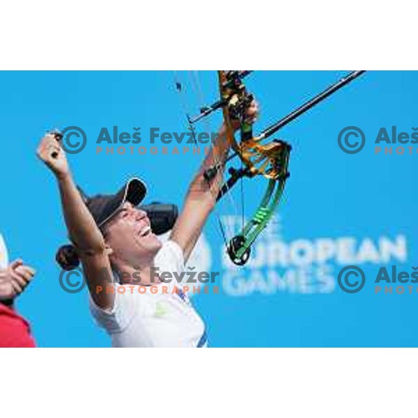 Toja Ellison of Slovenia celebrates victory and gold medal in Women\'s Compound Individual Final at 2nd European Games, Minsk, Belarus on June 26, 2019