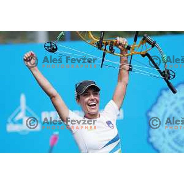 Toja Ellison of Slovenia celebrates victory and gold medal in Women\'s Compound Individual Final at 2nd European Games, Minsk, Belarus on June 26, 2019