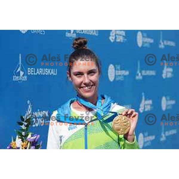 Toja Ellison of Slovenia celebrates gold medal in Women\'s Compound Individual Final at 2nd European Games, Minsk, Belarus on June 26, 2019