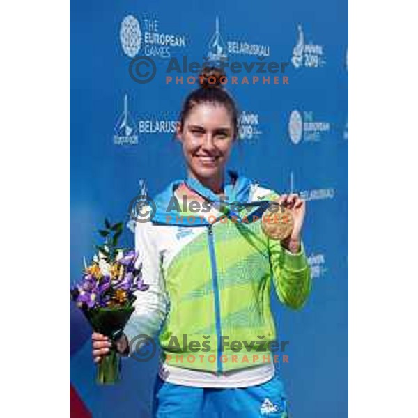 Toja Ellison of Slovenia celebrates gold medal in Women\'s Compound Individual Final at 2nd European Games, Minsk, Belarus on June 26, 2019