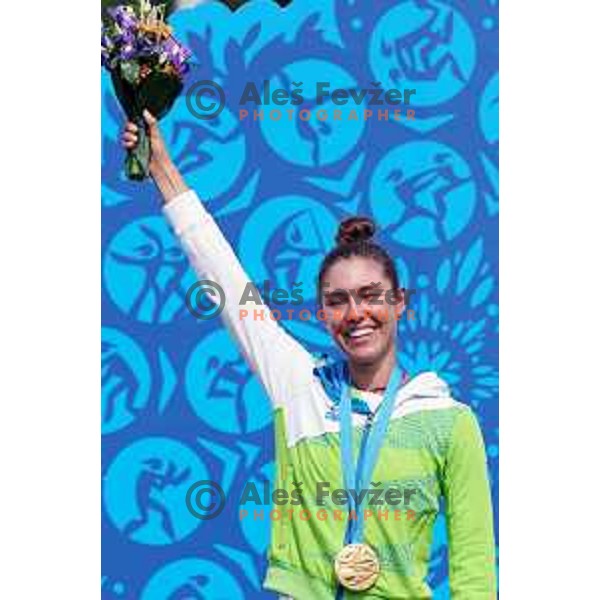 Toja Ellison of Slovenia celebrates gold medal in Women\'s Compound Individual Final at 2nd European Games, Minsk, Belarus on June 26, 2019