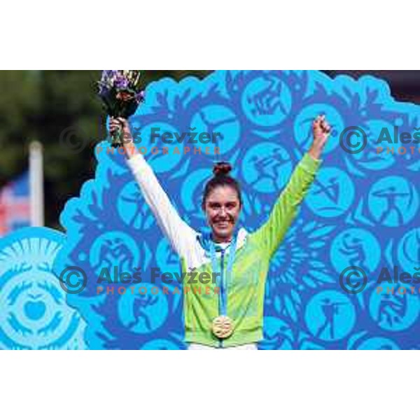 Toja Ellison of Slovenia celebrates gold medal in Women\'s Compound Individual Final at 2nd European Games, Minsk, Belarus on June 26, 2019